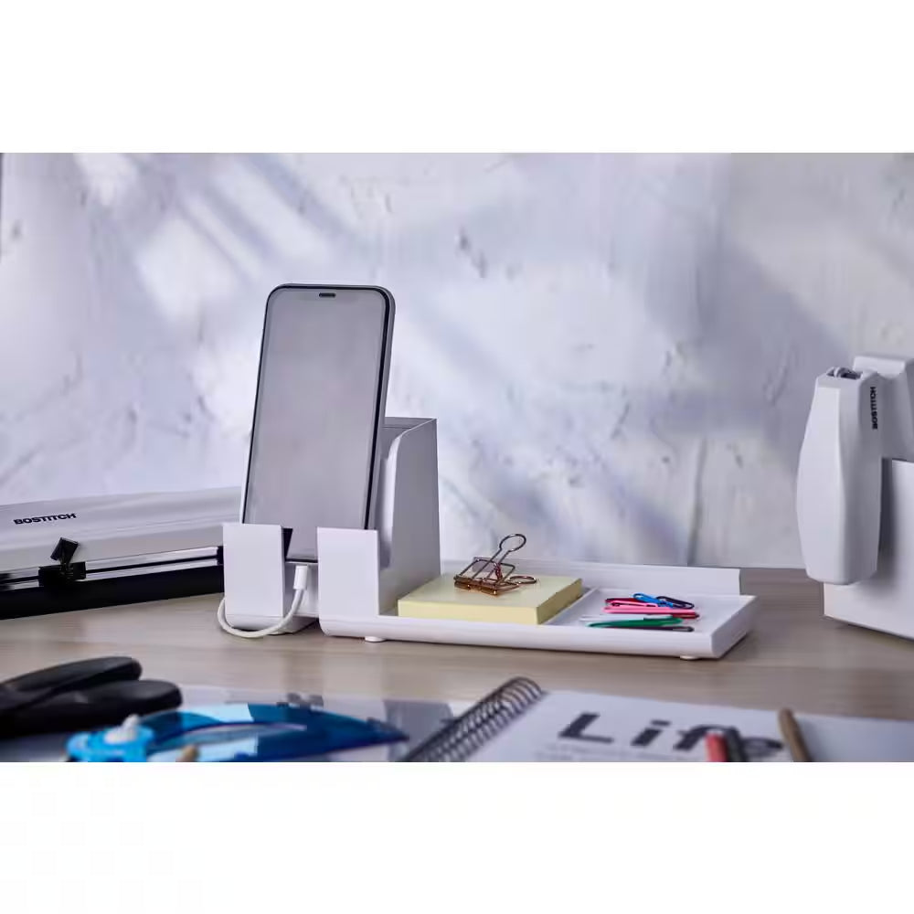 Connect Charging Desk Organizer Base, USB Phone Stand Compatible with Cell Phones and Tablets, White