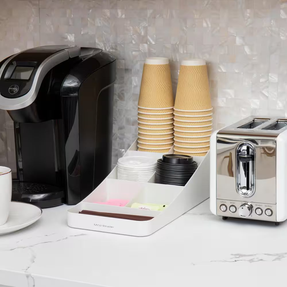 Cup and Condiment Station, Countertop Organizer, Coffee Bar, Stirrers, 7.25 In. L X 15.5 In. W X 5.25 In. H, White