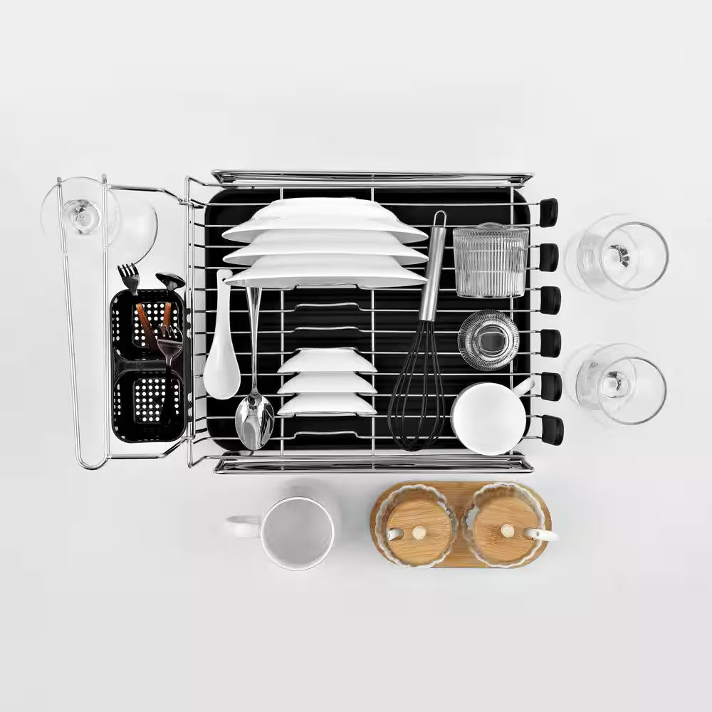 Compact 17.25 In. Stainless Steel Black Fingerprint-Proof Stainless Steel Dish Rack with Wine Glass Holder
