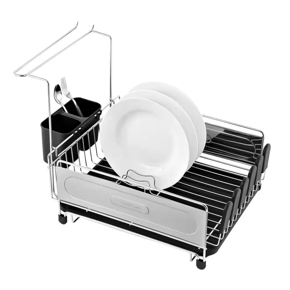 Compact 17.25 In. Stainless Steel Black Fingerprint-Proof Stainless Steel Dish Rack with Wine Glass Holder