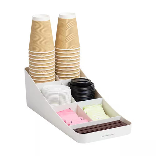 Cup and Condiment Station, Countertop Organizer, Coffee Bar, Stirrers, 7.25 In. L X 15.5 In. W X 5.25 In. H, White
