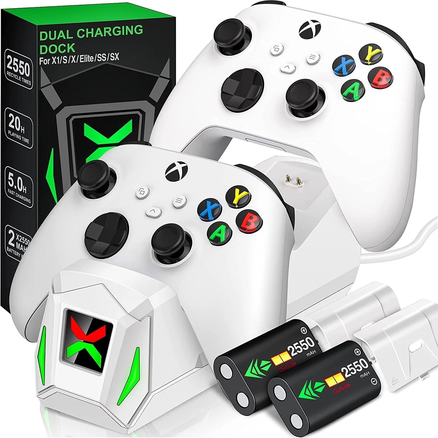 Xbox Controller Charger Station, Charging Dock with 2 X5520Mwh (2550Mah)Rechargeable Battery Pack for Xbox Series S/Xbox One X/One S/Xbox Elite/ Xbox Series X Controller,White