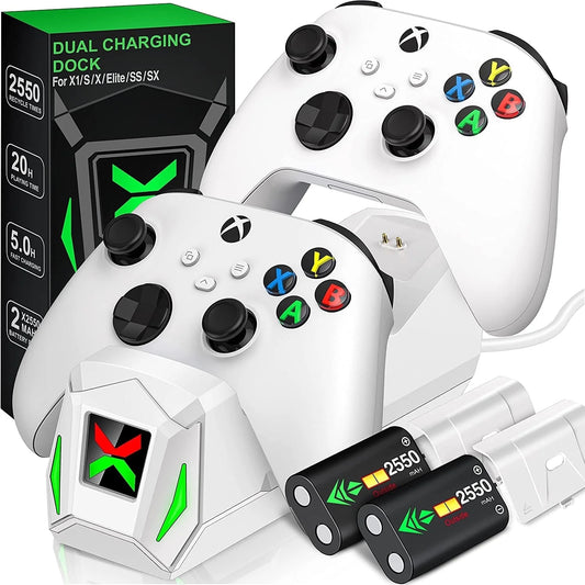 Xbox Controller Charger Station, Charging Dock with 2 X5520Mwh (2550Mah)Rechargeable Battery Pack for Xbox Series S/Xbox One X/One S/Xbox Elite/ Xbox Series X Controller,White