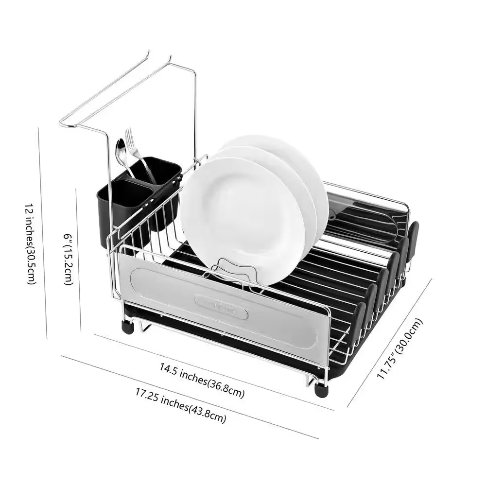 Compact 17.25 In. Stainless Steel Black Fingerprint-Proof Stainless Steel Dish Rack with Wine Glass Holder