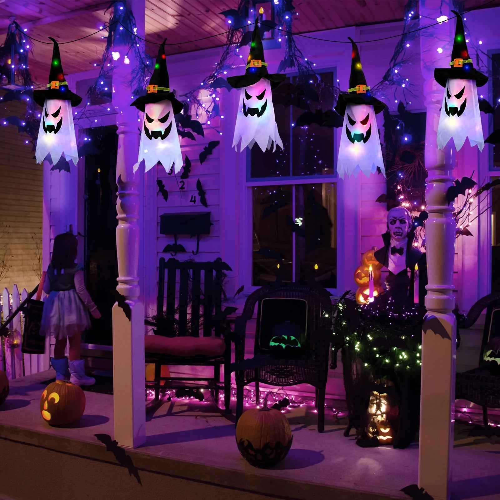Halloween Decorations Indoor Outdoor, 5 Pcs Halloween Lights Glowing Ghost Witch Hat Ornaments Gifts for Home Garden Yard