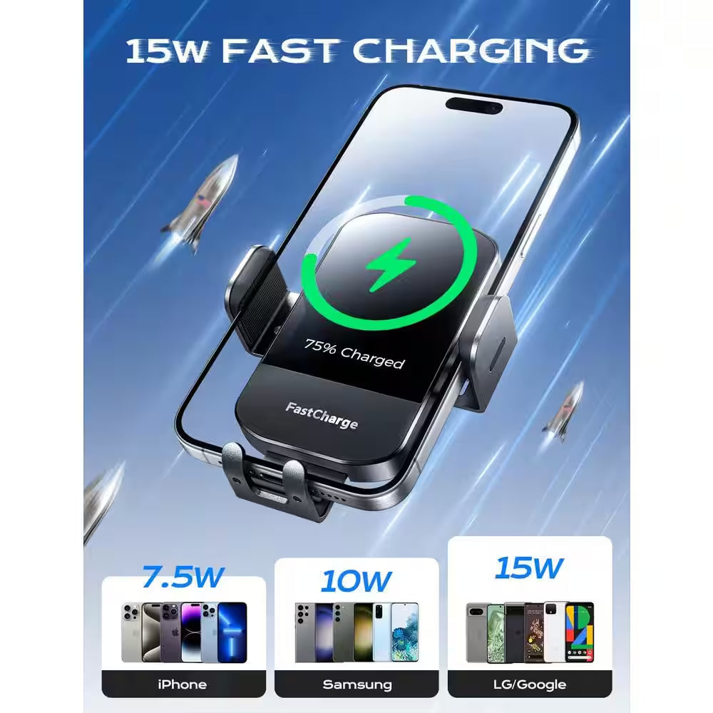 Wireless Car Charger with Auto Clamping Car Charger in Black